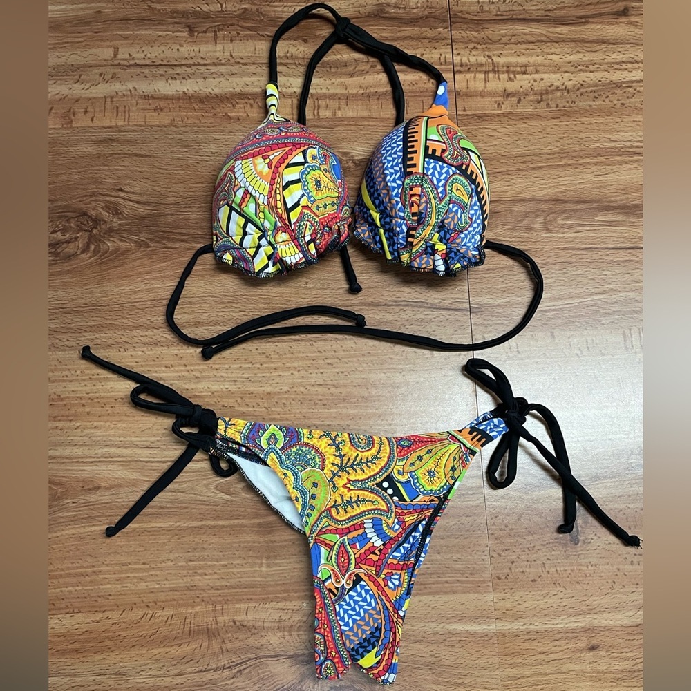 Colorful Paisley Brazilian Bikini Set Lettuce Trim Ruffle Women Adult Swim